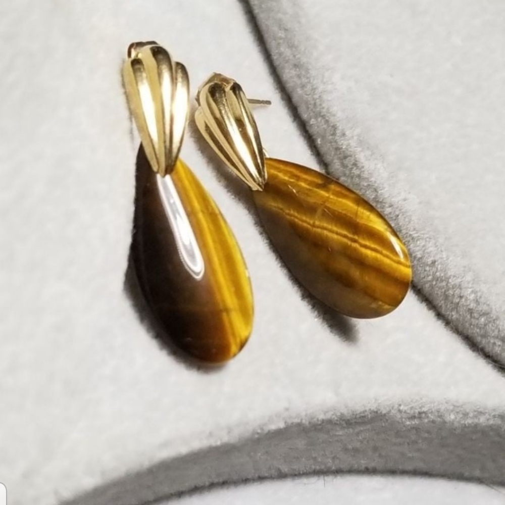 Ross Simons 14k yellow gold Tiger eye Dangle earrings 14kt 585 - Picture 2 of 8